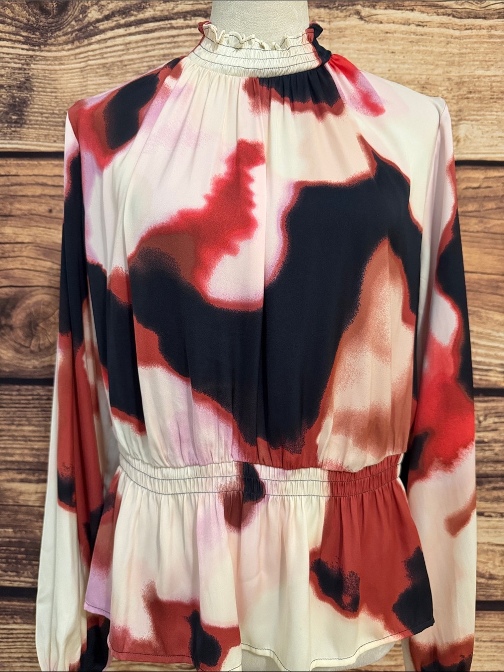 Nine West Red Black Cream Abstract Print Long-Sleeve Peplum Top